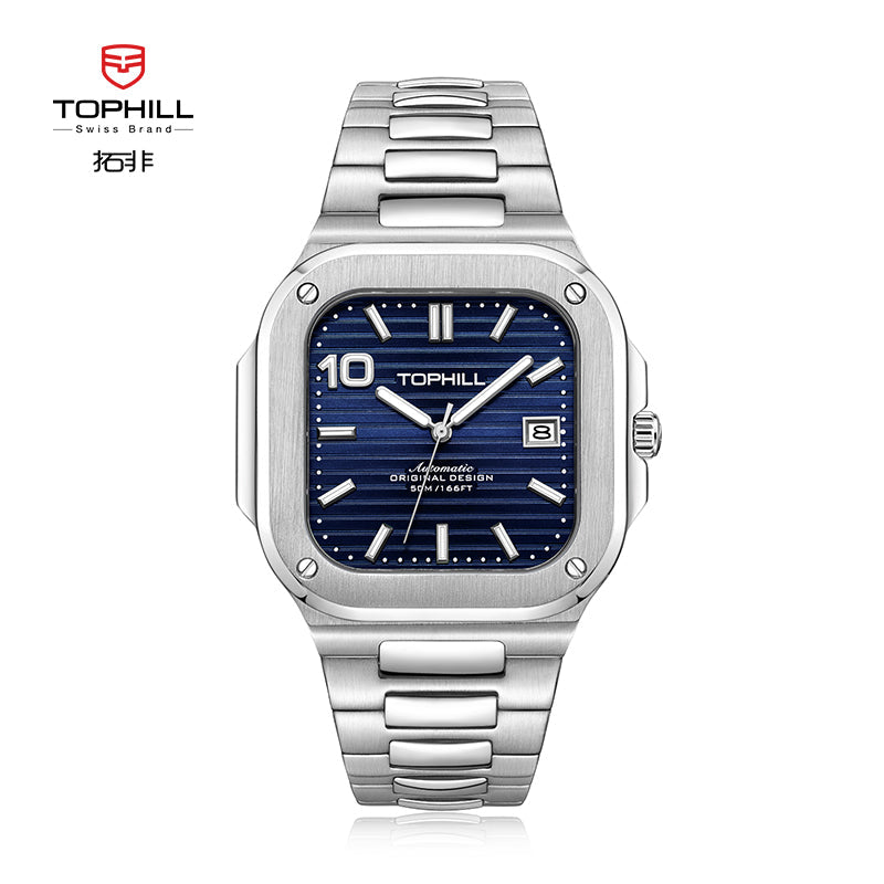 TOPHILL Men's Square Automatic Watch - 39mm 316L Steel Case & Bracelet, Date Window, Sapphire Glass, 5ATM Water Resistant, Butterfly Clasp, Luxury Sports Watch tophillwatch.com