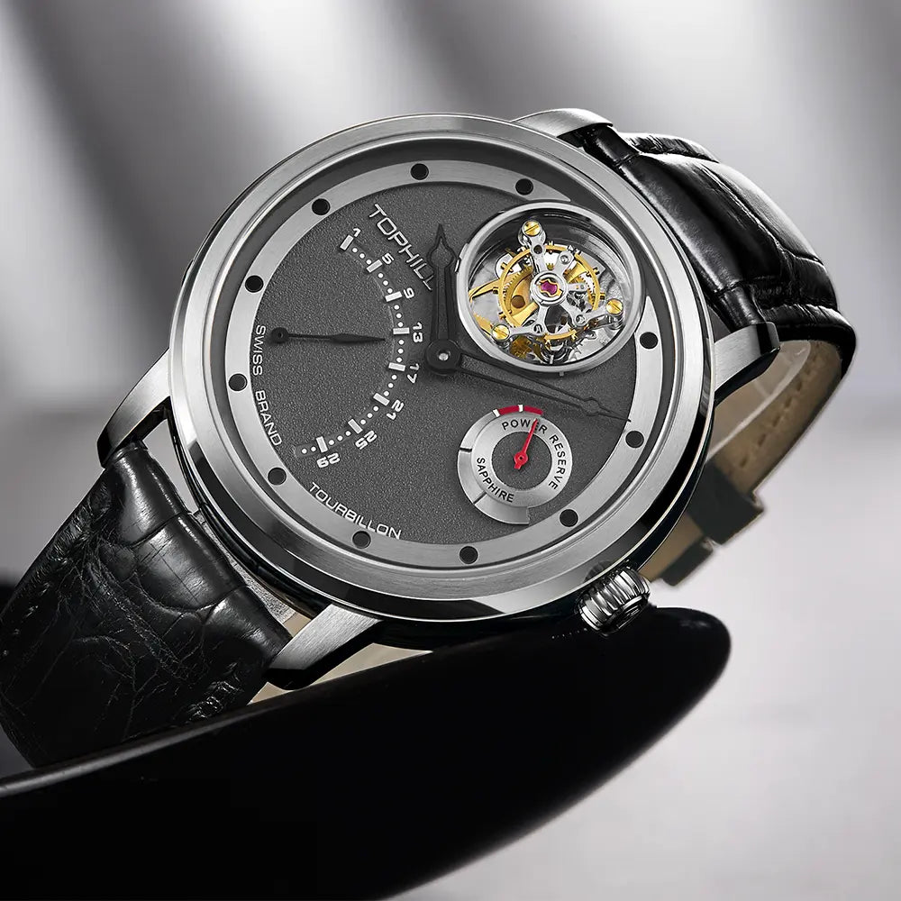 TOPHILL Men's Tourbillon Automatic Mechanical Watch 42.5mm Sapphire Crystal Leather Strap 5ATM Waterproof Retrograde Date Power Reserve Display Luxury Watch TU009G tophillwatch.com
