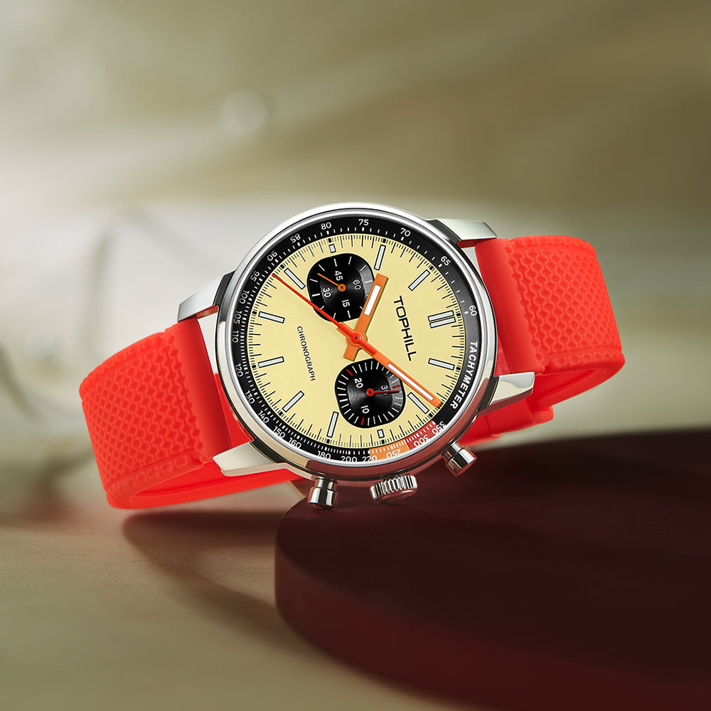 TOPHILL Men's Hand-Wound Chronograph - 40mm 316L Steel, Seagull ST1901 Movement, Sapphire Glass, Tachymeter Bezel, Silicone Band, Super-Luminova, Mechanical Racing Watch tophillwatch.com