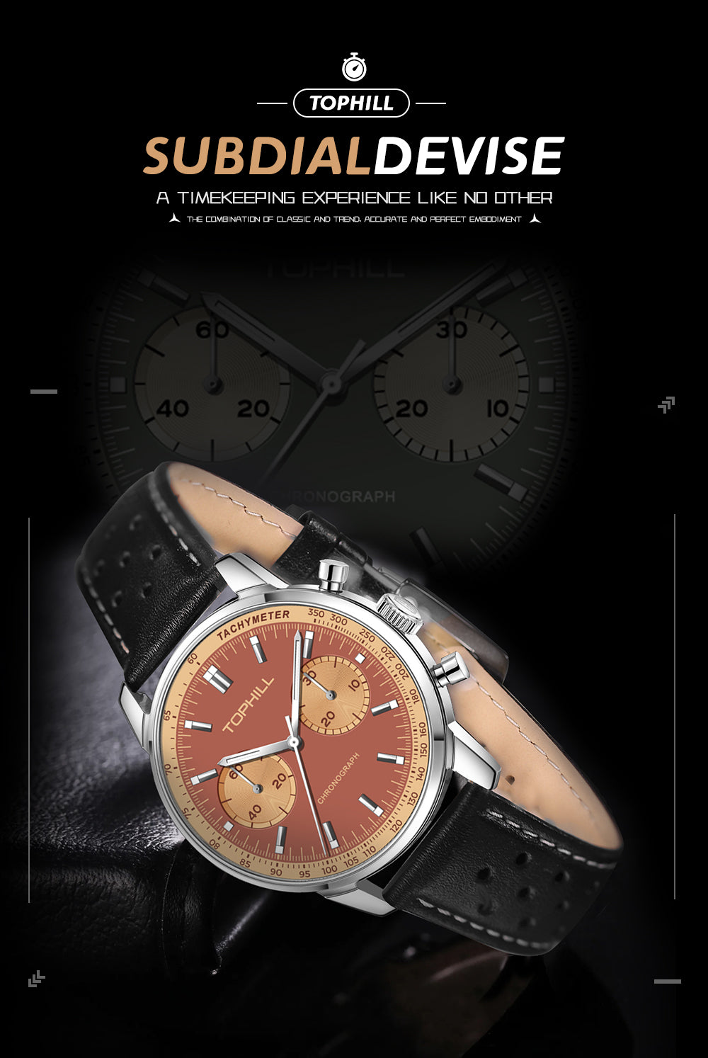 TOPHILL Seagull 1963 Chronograph Watch for Men|ST1901 Hand-Winding Mechanical Movement|40mm Vintage Racing Watch|Sapphire Crystal|316L Stainless Steel Case|5ATM Waterproof|Genuine Leather Strap with Milanese Band tophillwatch.com