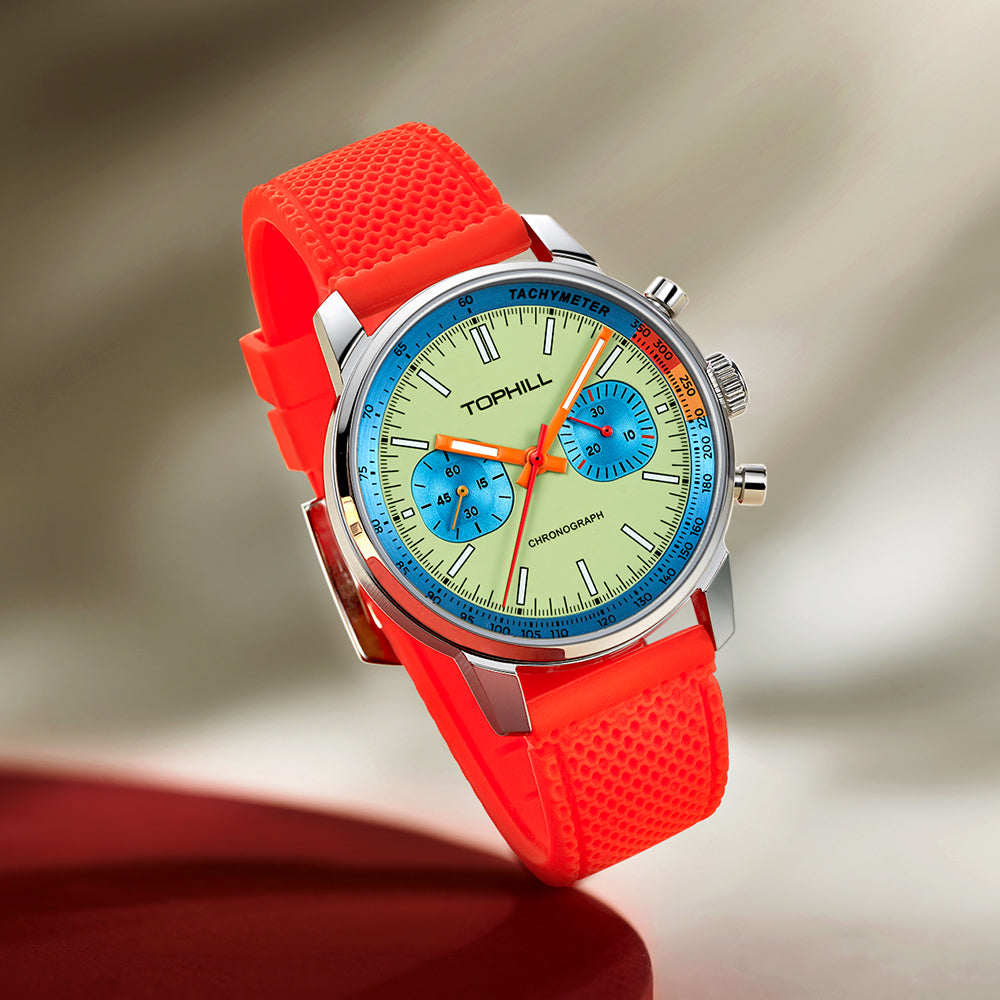 TOPHILL Men's Hand-Wound Chronograph - 40mm 316L Steel, Seagull ST1901 Movement, Sapphire Glass, Tachymeter Bezel, Silicone Band, Super-Luminova, Mechanical Racing Watch tophillwatch.com