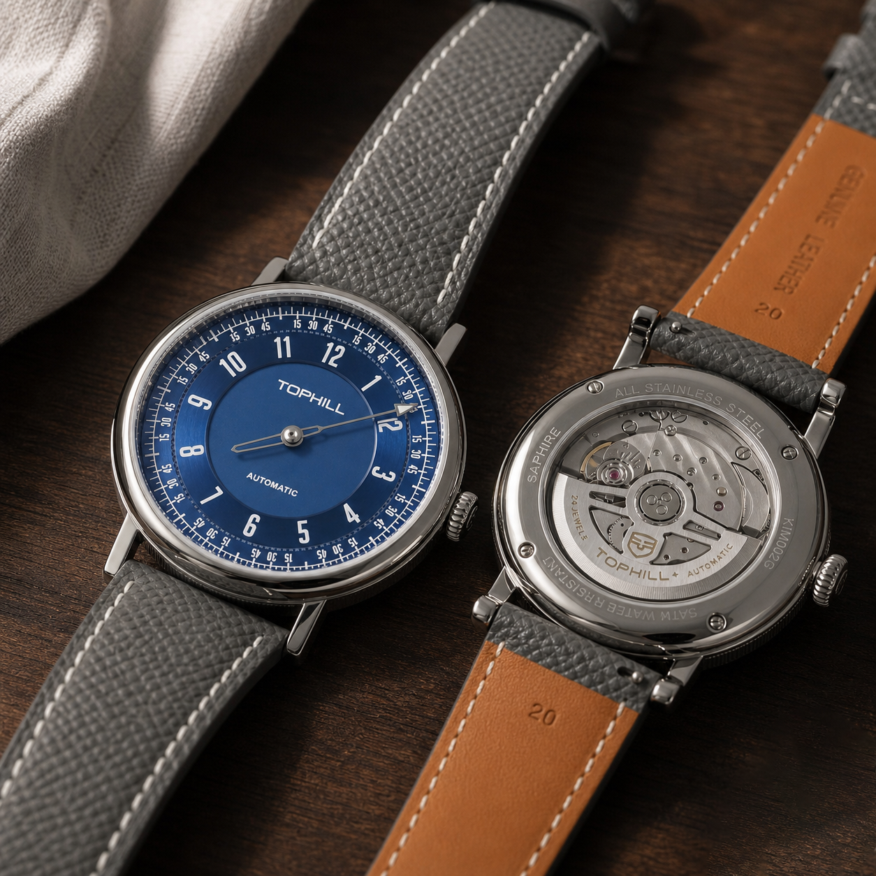 TOPHILL One-Hand Automatic Watch for Men, 40mm Miyota 9039 Movement, Sapphire Crystal, 316L Stainless Steel, 5ATM Waterproof, Genuine Leather Strap KIM002G