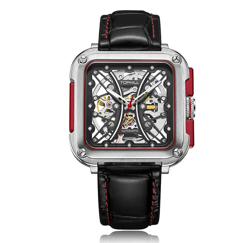 TOPHILL Men's Square Skeleton Watch - 42mm Automatic Mechanical, 28D0 Movement, Open-Work Dial, 316L Stainless Steel, Sapphire Glass, Leather Band, 5ATM Water Resistant tophillwatch.com