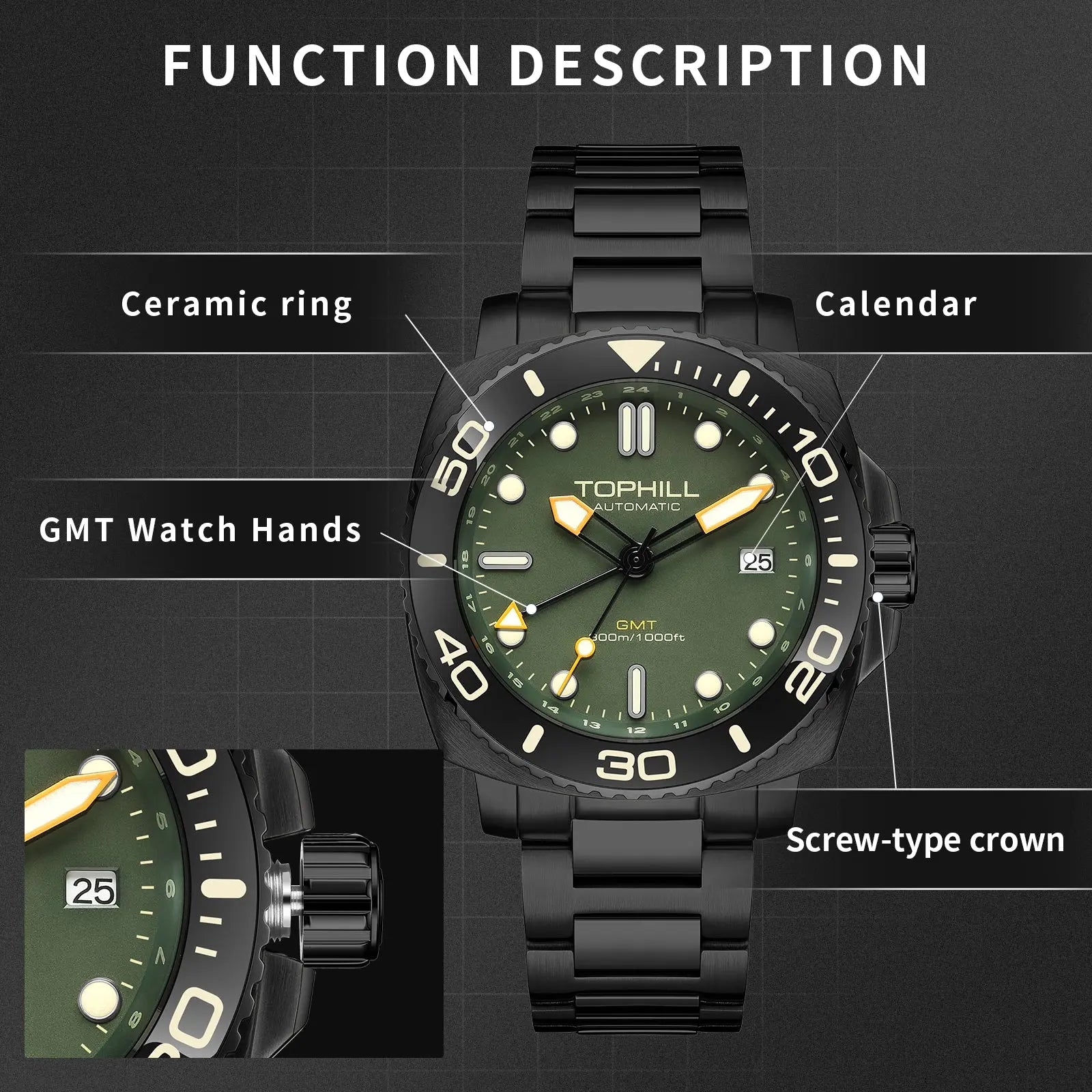 TOPHILL Automatic Watches for Men|Diving Watch 300M Waterproof|GMT Watch|Super Luminous|Screw-Down Crown & HEV|Ceramic Bezel|316L Stainless Steel & Sapphire Crystal|Black Luxury Watch for Business Scuba Diving|TD012 tophillwatch.com