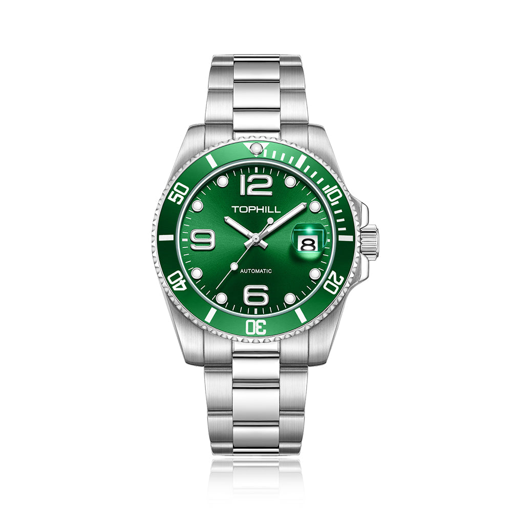 TOPHILL Men's Classic Diver Watch - 41mm Automatic Mechanical, Unidirectional Bezel, Date Window, Sapphire Glass, Steel Bracelet, 30M Water Resistant, Butterfly Clasp tophillwatch.com