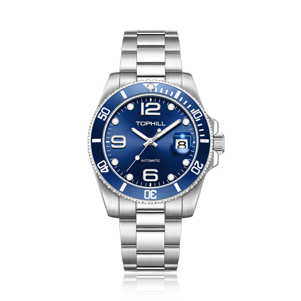 TOPHILL Men's Classic Diver Watch - 41mm Automatic Mechanical, Unidirectional Bezel, Date Window, Sapphire Glass, Steel Bracelet, 30M Water Resistant, Butterfly Clasp tophillwatch.com