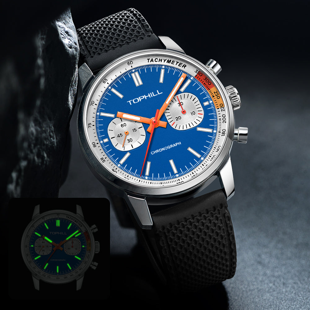 TOPHILL Men's Hand-Wound Chronograph - 40mm 316L Steel, Seagull ST1901 Movement, Sapphire Glass, Tachymeter Bezel, Silicone Band, Super-Luminova, Mechanical Racing Watch tophillwatch.com