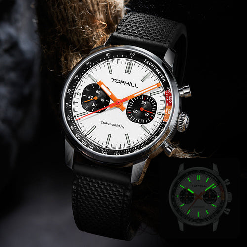 TOPHILL Men's Hand-Wound Chronograph - 40mm 316L Steel, Seagull ST1901 Movement, Sapphire Glass, Tachymeter Bezel, Silicone Band, Super-Luminova, Mechanical Racing Watch tophillwatch.com