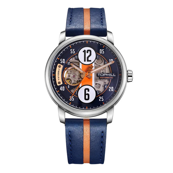 TOPHILL Automatische Herrenuhr - 44mm offenes Zifferblatt im Racing-Stil, 21.600 A/h, 316L-Edelstahl, Saphirglas, 5 ATM wasserdicht, Sportliche Luxusarmbanduhr