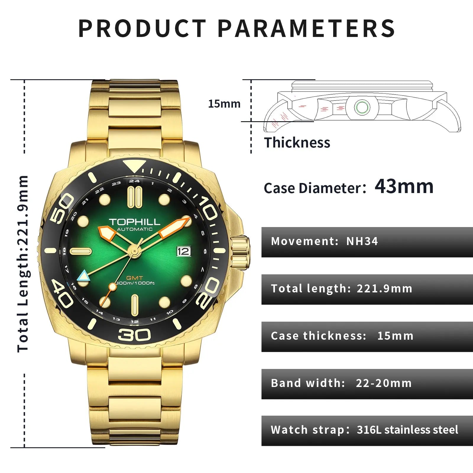 TOPHILL Automatic Watches for Men|Diving Watch 300M Waterproof|GMT Watch|Super Luminous|Screw-Down Crown & HEV|Ceramic Bezel|316L Stainless Steel & Sapphire Crystal|Black Luxury Watch for Business Scuba Diving|TD012 tophillwatch.com