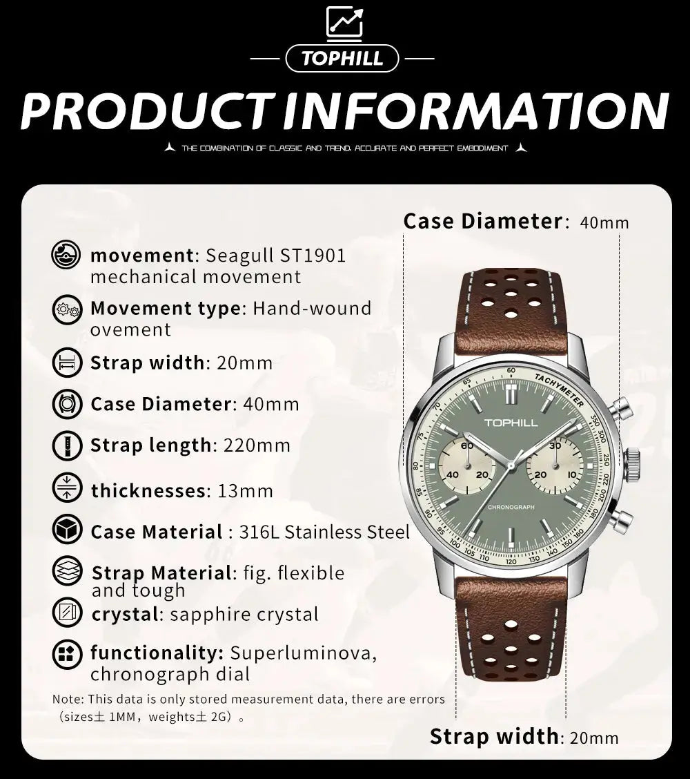 TOPHILL Seagull 1963 Chronograph Watch for Men|ST1901 Hand-Winding Mechanical Movement|40mm Vintage Racing Watch|Sapphire Crystal|316L Stainless Steel Case|5ATM Waterproof|TL027 tophillwatch.com