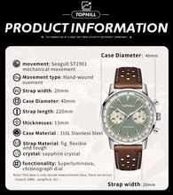 Lade das Bild in den Galerie-Viewer, TOPHILL Seagull 1963 Chronograph Watch for Men|ST1901 Hand-Winding Mechanical Movement|40mm Vintage Racing Watch|Sapphire Crystal|316L Stainless Steel Case|5ATM Waterproof|Genuine Leather Strap with Milanese Band tophillwatch.com
