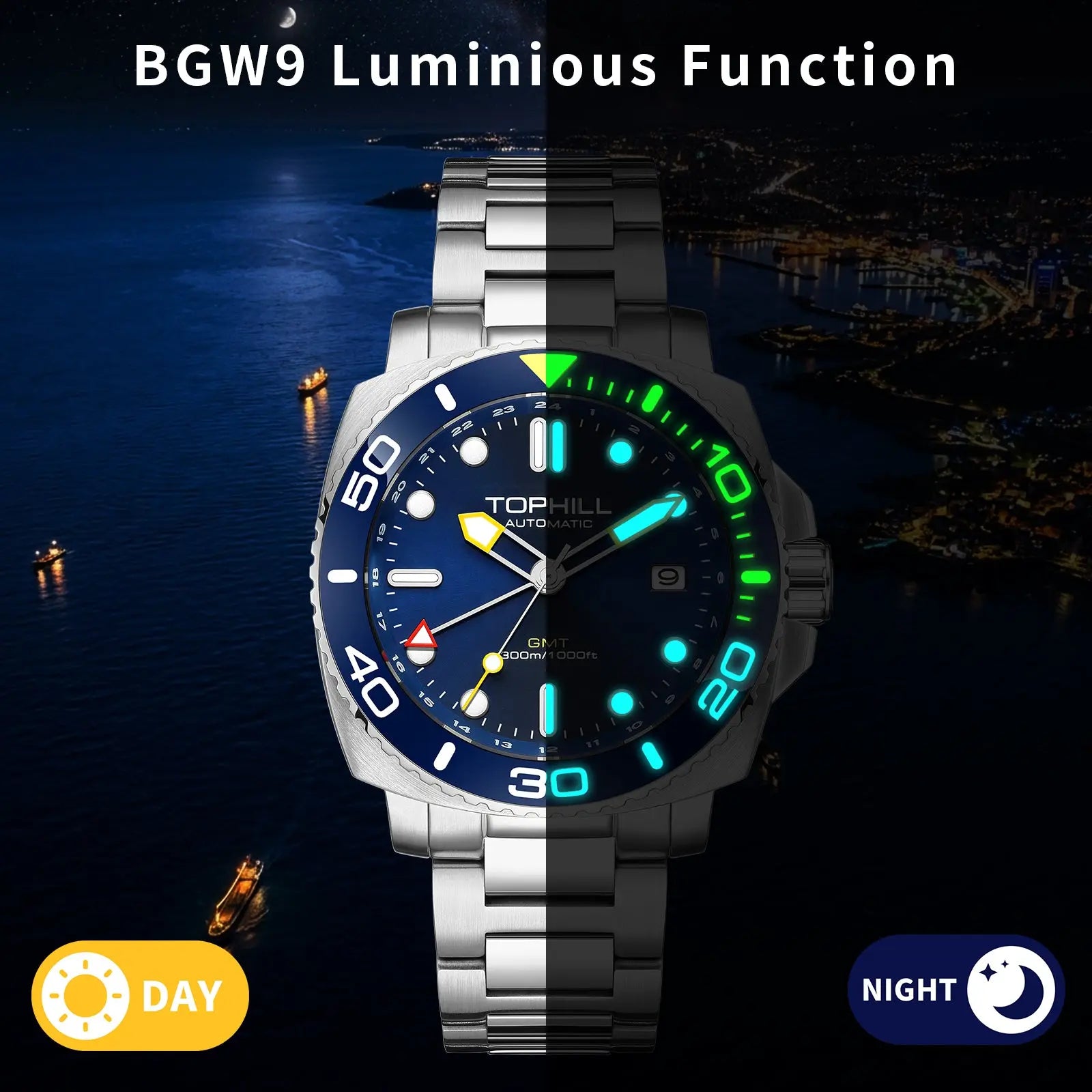 TOPHILL Automatic Watches for Men|Diving Watch 300M Waterproof|GMT Watch|Super Luminous|Screw-Down Crown & HEV|Ceramic Bezel|316L Stainless Steel & Sapphire Crystal|Black Luxury Watch for Business Scuba Diving|TD012 tophillwatch.com