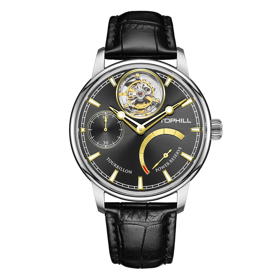 TOPHILL Men's Tourbillon Automatic Mechanical Watch 43.7mm Sapphire Crystal Leather Strap 5ATM Waterproof Kinetic Energy Reserve Display Luxury Dress Watch TU013G tophillwatch.com