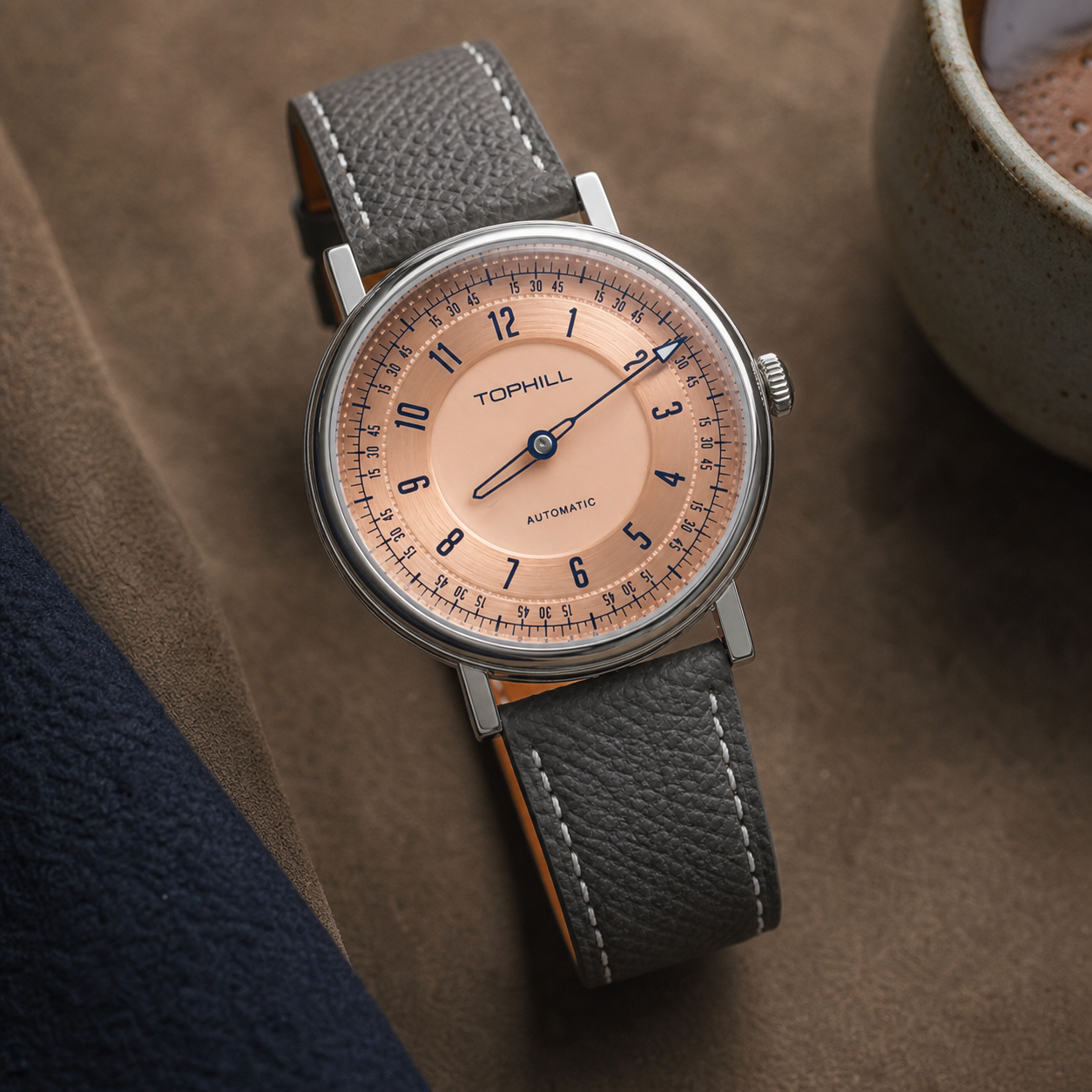TOPHILL One-Hand Automatic Watch for Men, 40mm Miyota 9039 Movement, Sapphire Crystal, 316L Stainless Steel, 5ATM Waterproof, Genuine Leather Strap KIM002G