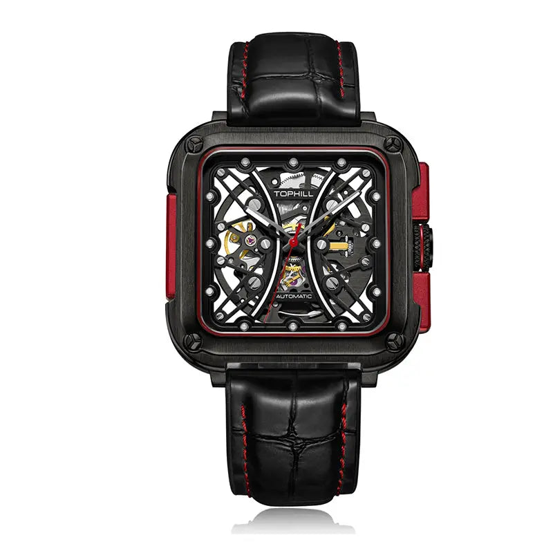 TOPHILL Men's Square Skeleton Watch - 42mm Automatic Mechanical, 28D0 Movement, Open-Work Dial, 316L Stainless Steel, Sapphire Glass, Leather Band, 5ATM Water Resistant tophillwatch.com