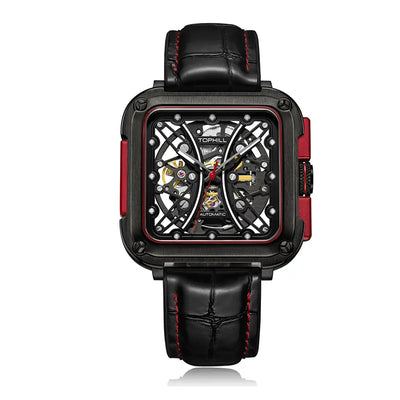TOPHILL Men's Square Skeleton Watch - 42mm Automatic Mechanical, 28D0 Movement, Open-Work Dial, 316L Stainless Steel, Sapphire Glass, Leather Band, 5ATM Water Resistant tophillwatch.com