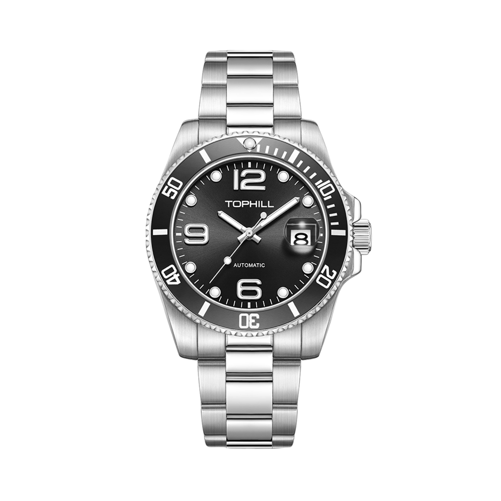 TOPHILL Men's Classic Diver Watch - 41mm Automatic Mechanical, Unidirectional Bezel, Date Window, Sapphire Glass, Steel Bracelet, 30M Water Resistant, Butterfly Clasp tophillwatch.com