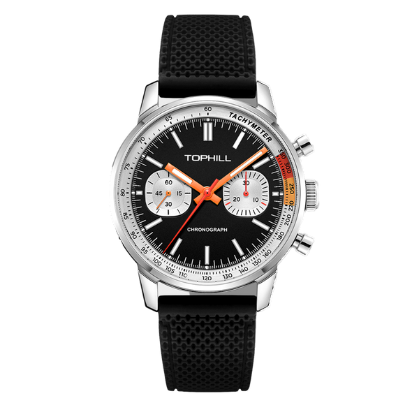 TOPHILL Men's Hand-Wound Chronograph - 40mm 316L Steel, Seagull ST1901 Movement, Sapphire Glass, Tachymeter Bezel, Silicone Band, Super-Luminova, Mechanical Racing Watch