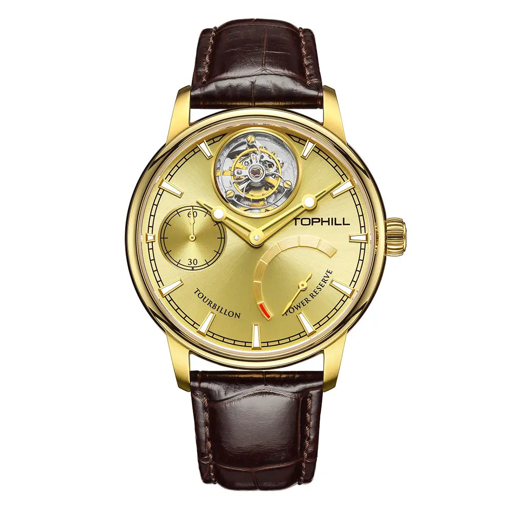 TOPHILL Men's Tourbillon Automatic Mechanical Watch 43.7mm Sapphire Crystal Leather Strap 5ATM Waterproof Kinetic Energy Reserve Display Luxury Dress Watch TU013G tophillwatch.com