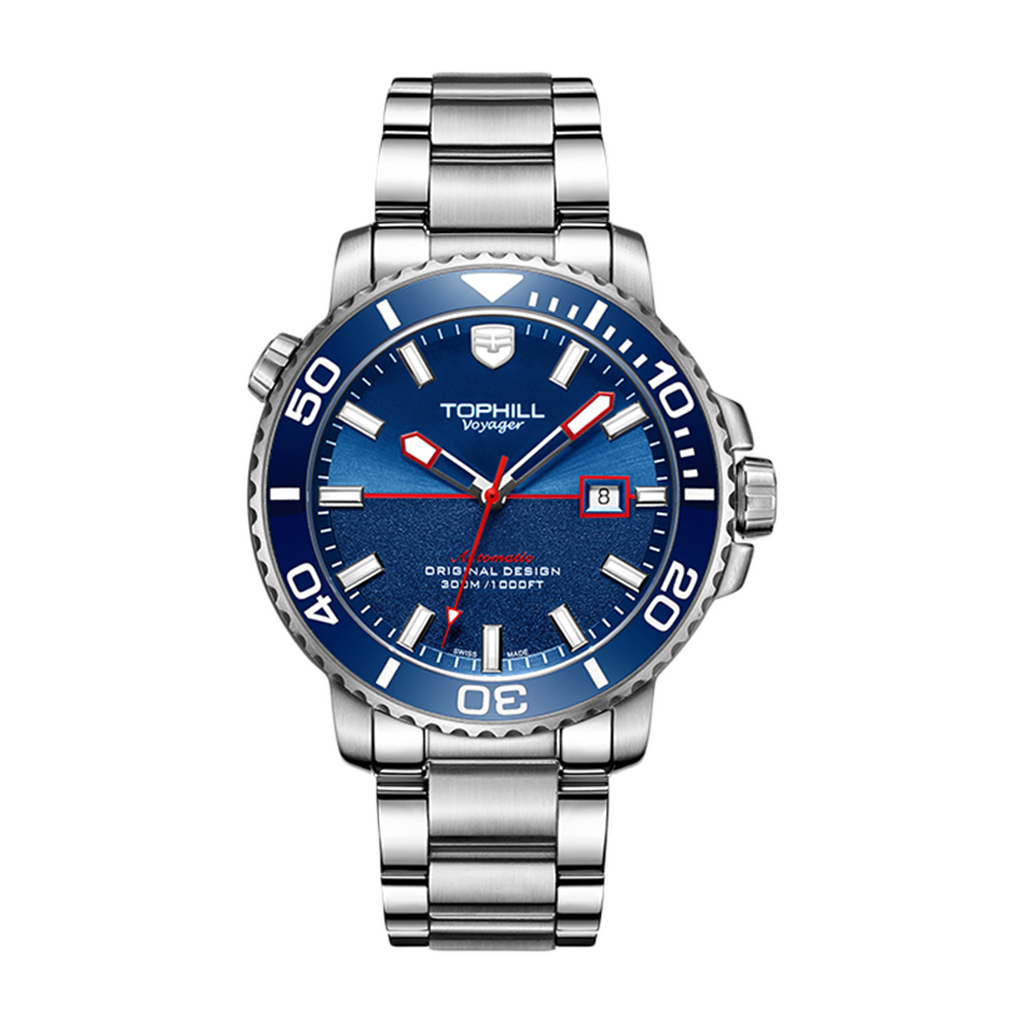 TOPHILL Men's Professional Diver Watch - 45mm Automatic, 300m/1000ft Water Resistant, Unidirectional Bezel, Luminous Dial, Steel Bracelet + Bonus Rubber Band, Swiss Movement tophillwatch.com