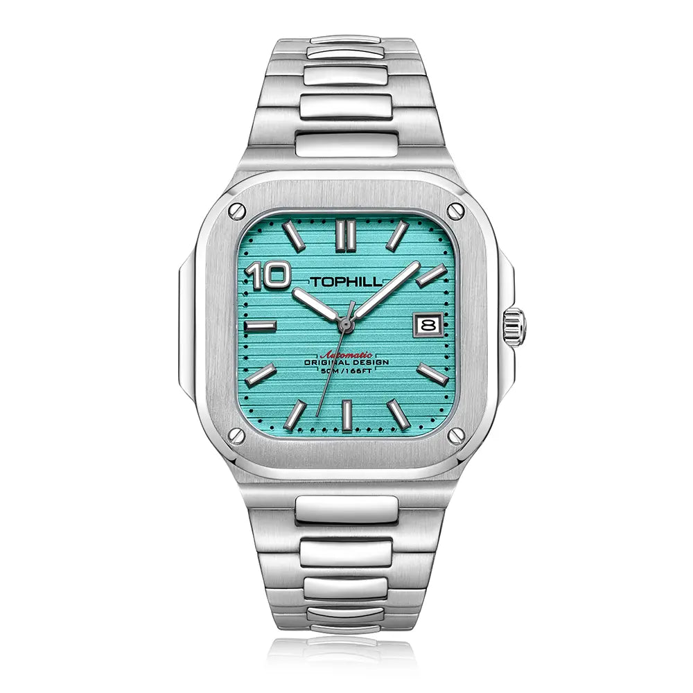 TOPHILL Men's Square Automatic Watch - 39mm 316L Steel Case & Bracelet, Date Window, Sapphire Glass, 5ATM Water Resistant, Butterfly Clasp, TW089G tophillwatch.com