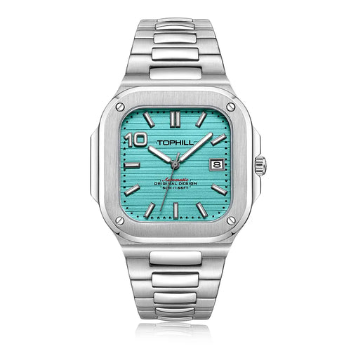 TOPHILL Men's Square Automatic Watch - 39mm 316L Steel Case & Bracelet, Date Window, Sapphire Glass, 5ATM Water Resistant, Butterfly Clasp, TW089G tophillwatch.com