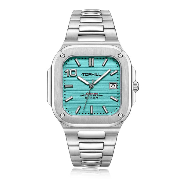 TOPHILL Men's Square Automatic Watch - 39mm 316L Steel Case & Bracelet, Date Window, Sapphire Glass, 5ATM Water Resistant, Butterfly Clasp, TW089G tophillwatch.com