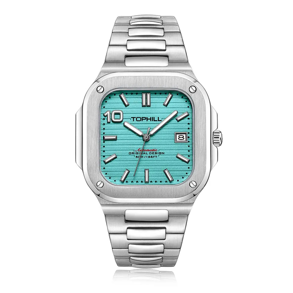 TOPHILL Men's Square Automatic Watch - 39mm 316L Steel Case & Bracelet, Date Window, Sapphire Glass, 5ATM Water Resistant, Butterfly Clasp, TW089G tophillwatch.com