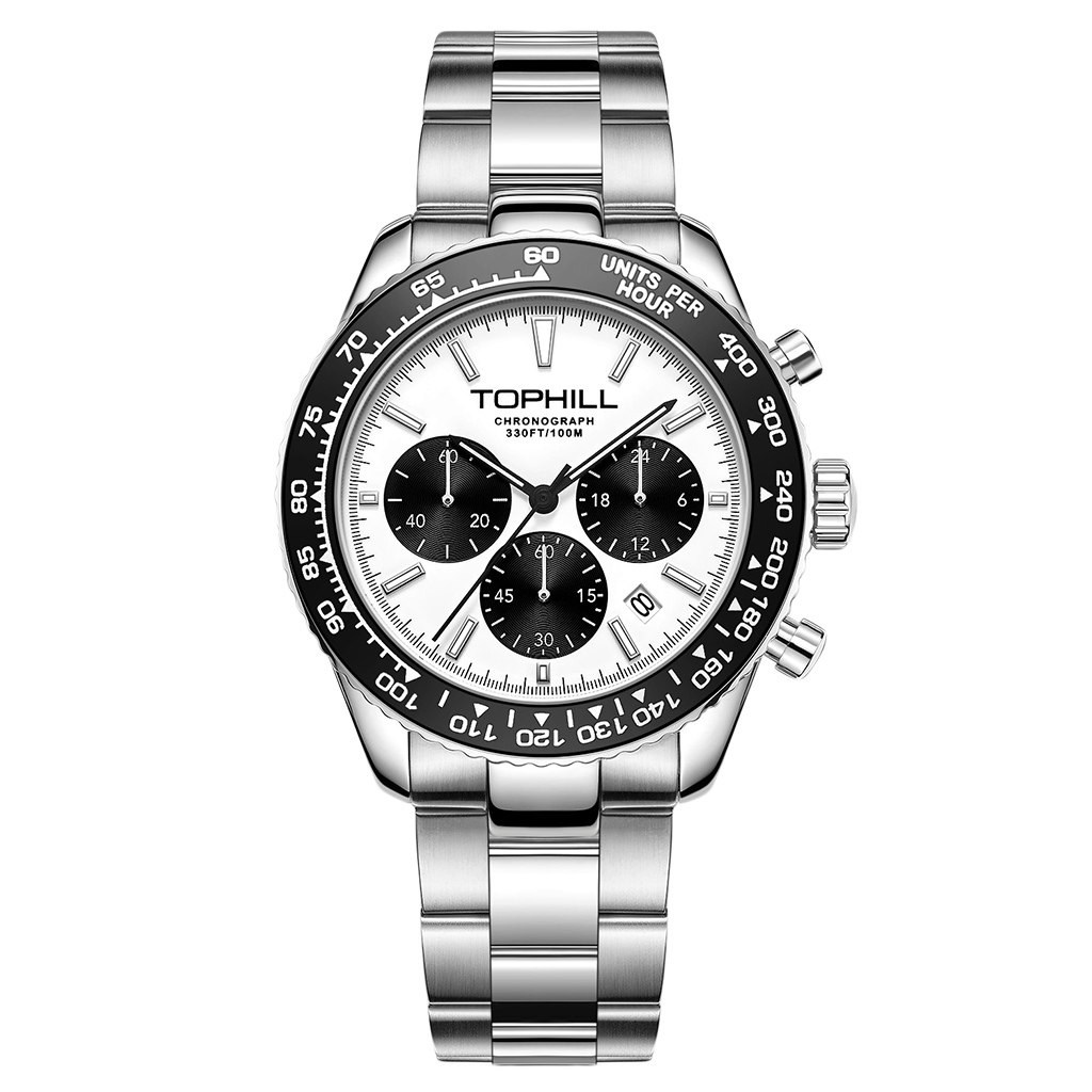 TOPHILL Men's Racing Chronograph Watch - 42mm 304L Steel, Imported Quartz Movement, Sapphire Glass, Tachymeter Scale, 100M Water Resistant, Stainless Steel Band tophillwatch.com