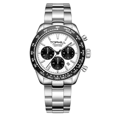 TOPHILL Men's Racing Chronograph Watch - 42mm 304L Steel, Imported Quartz Movement, Sapphire Glass, Tachymeter Scale, 100M Water Resistant, Stainless Steel Band tophillwatch.com