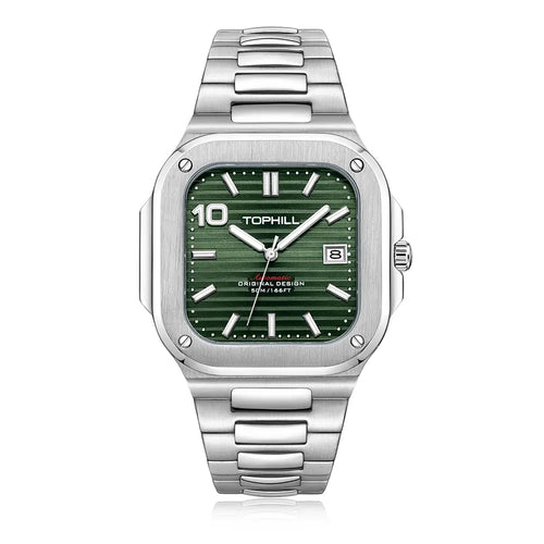TOPHILL Men's Square Automatic Watch - 39mm 316L Steel Case & Bracelet, Date Window, Sapphire Glass, 5ATM Water Resistant, Butterfly Clasp, TW089G tophillwatch.com