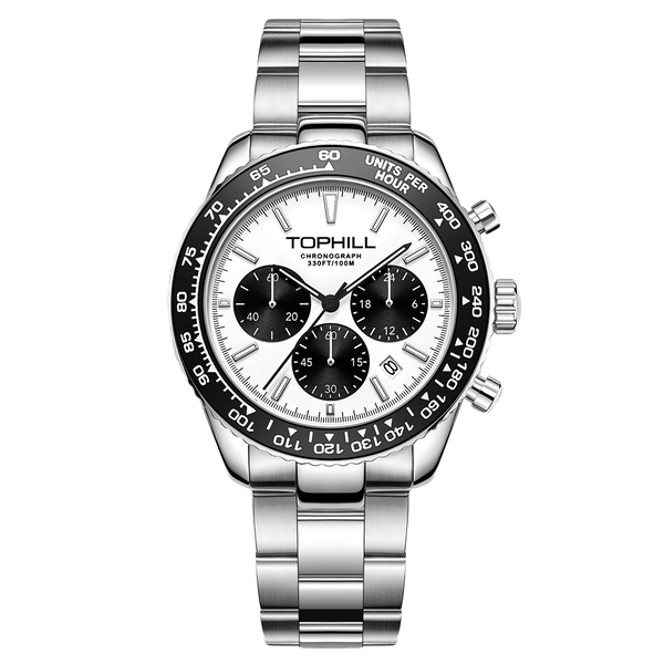 TOPHILL Herren Racing Chronograph Uhr - 42mm 304L Stahl, importiertes Quarzwerk, Saphirglas, Tachymeterskala, 100M wasserdicht, Edelstahlarmband