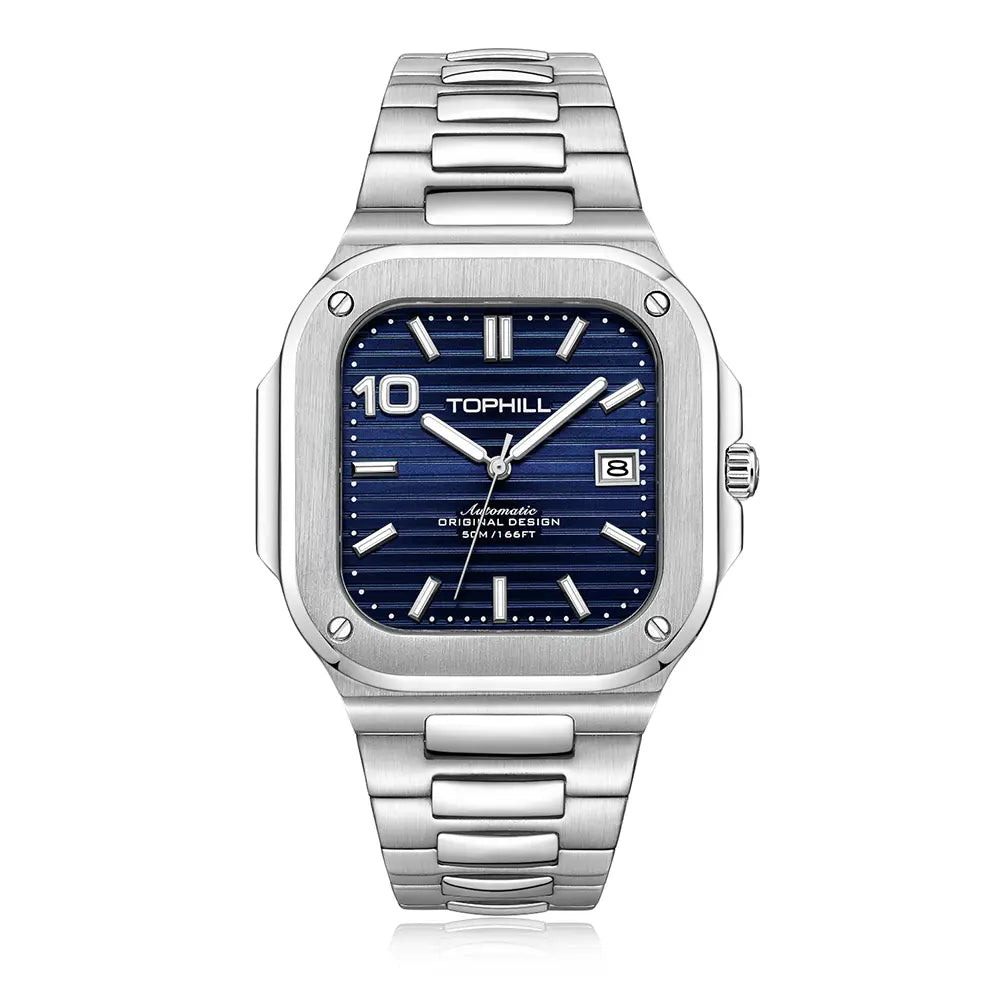 TOPHILL Men's Square Automatic Watch - 39mm 316L Steel Case & Bracelet, Date Window, Sapphire Glass, 5ATM Water Resistant, Butterfly Clasp, TW089G tophillwatch.com