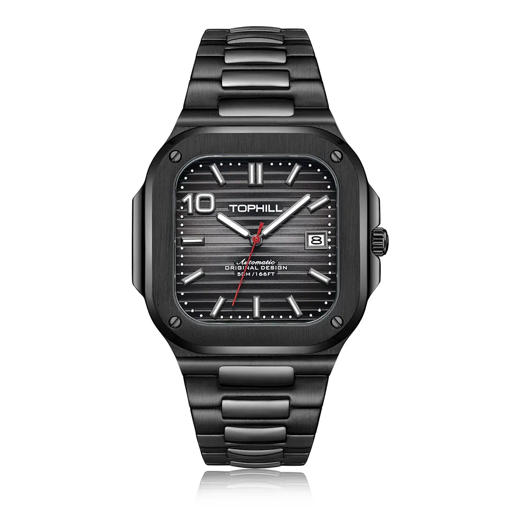 TOPHILL Men's Square Automatic Watch - 39mm 316L Steel Case & Bracelet, Date Window, Sapphire Glass, 5ATM Water Resistant, Butterfly Clasp, TW089G tophillwatch.com