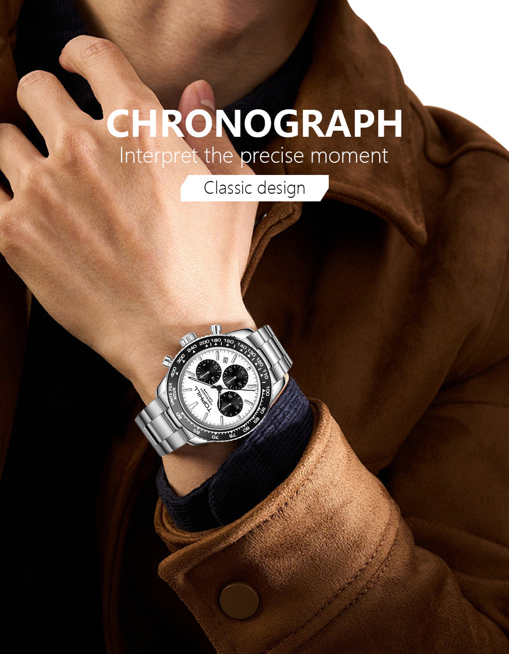 TOPHILL Men's Racing Chronograph Watch - 42mm 304L Steel, Imported Quartz Movement, Sapphire Glass, Tachymeter Scale, 100M Water Resistant, Stainless Steel Band tophillwatch.com