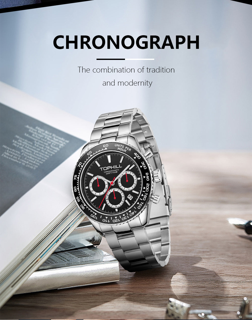 TOPHILL Men's Racing Chronograph Watch - 42mm 304L Steel, Imported Quartz Movement, Sapphire Glass, Tachymeter Scale, 100M Water Resistant, Stainless Steel Band tophillwatch.com