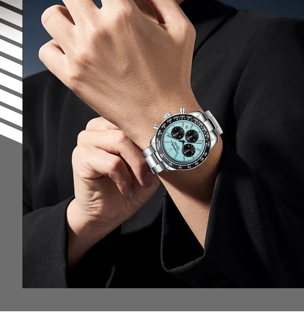 TOPHILL Men's Racing Chronograph Watch - 42mm 304L Steel, Imported Quartz Movement, Sapphire Glass, Tachymeter Scale, 100M Water Resistant, Stainless Steel Band tophillwatch.com