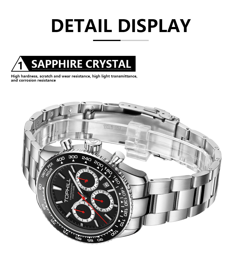 TOPHILL Men's Racing Chronograph Watch - 42mm 304L Steel, Imported Quartz Movement, Sapphire Glass, Tachymeter Scale, 100M Water Resistant, Stainless Steel Band tophillwatch.com