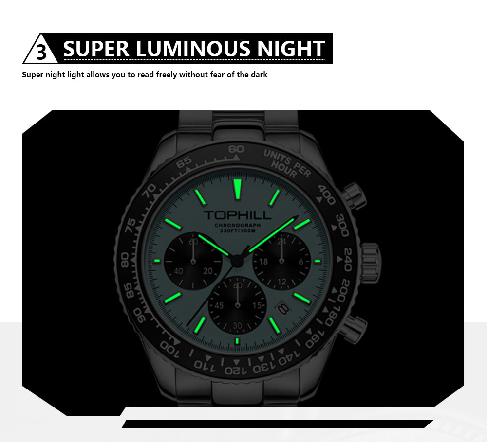 TOPHILL Men's Racing Chronograph Watch - 42mm 304L Steel, Imported Quartz Movement, Sapphire Glass, Tachymeter Scale, 100M Water Resistant, Stainless Steel Band tophillwatch.com