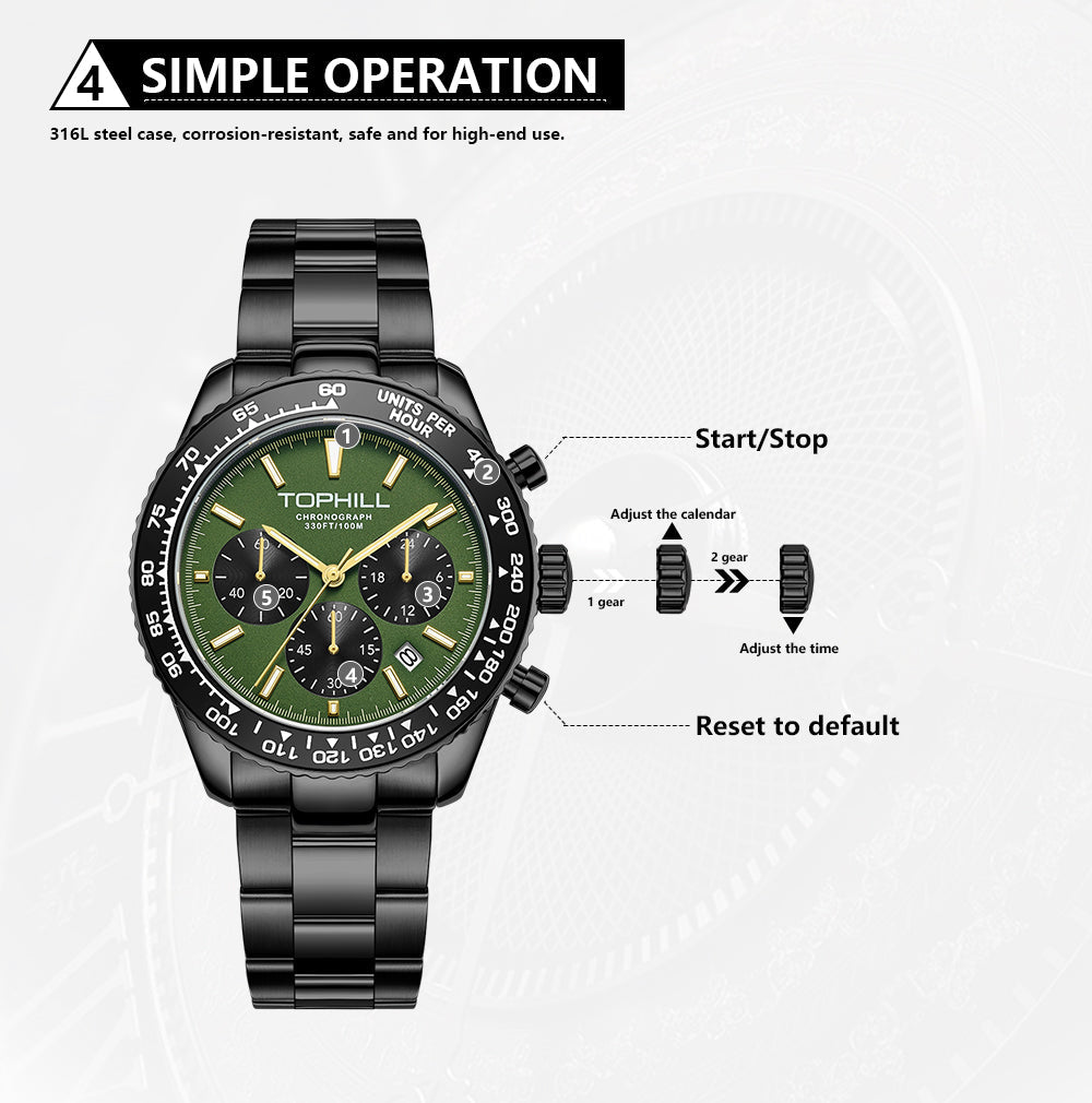 TOPHILL Men's Racing Chronograph Watch - 42mm 304L Steel, Imported Quartz Movement, Sapphire Glass, Tachymeter Scale, 100M Water Resistant, Stainless Steel Band tophillwatch.com