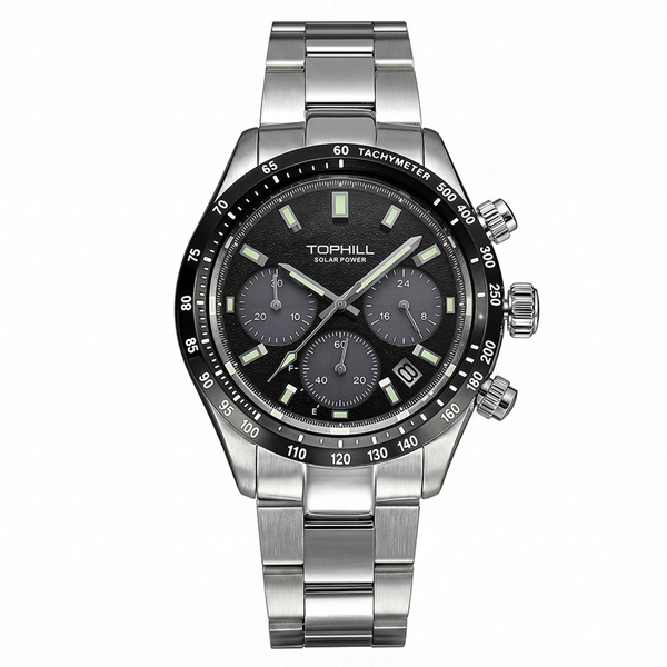 TOPHILL Herrenuhr Solar-Chronograph Herren TL029G|42mm 316L Edelstahl, Saphirglas|5ATM Wasserdicht, Sport-Freizeit-Armbanduhr für Herren