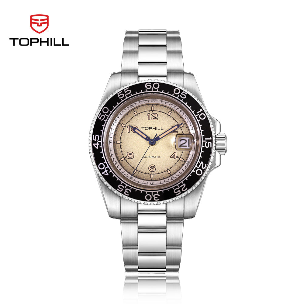 TOPHILL Men's Vintage Diver Watch - 41mm Automatic, 2813 Movement, Sparkle Texture Dial, Two-Tone Bezel, Sapphire Glass, 3ATM Water Resistant, Steel Band, Retro Style tophillwatch.com