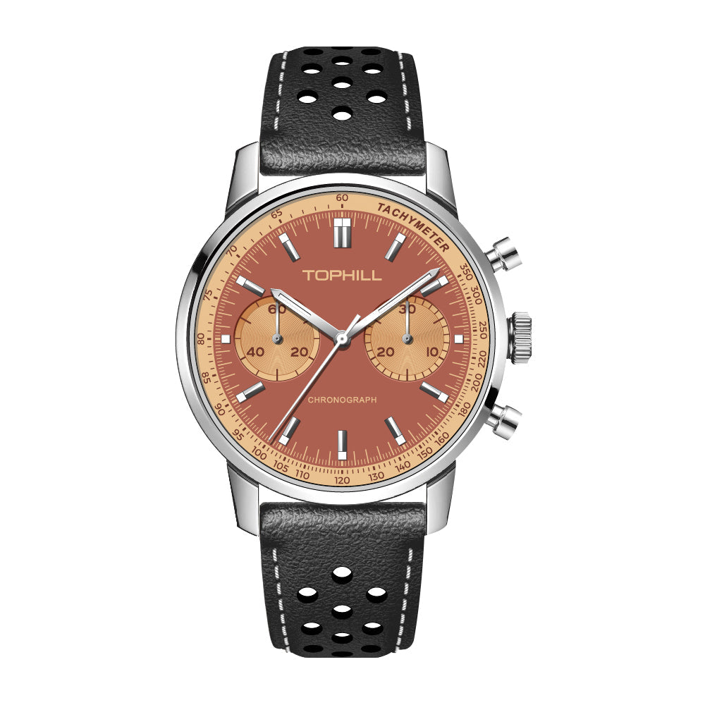 TOPHILL Seagull 1963 Chronograph Watch for Men|ST1901 Hand-Winding Mechanical Movement|40mm Vintage Racing Watch|Sapphire Crystal|316L Stainless Steel Case|5ATM Waterproof|Genuine Leather Strap with Milanese Band tophillwatch.com