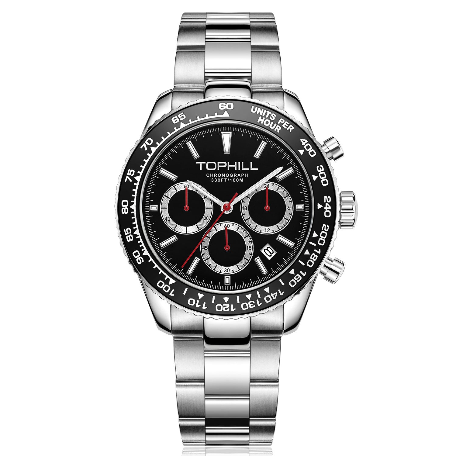 TOPHILL Men's Racing Chronograph Watch - 42mm 304L Steel, Imported Quartz Movement, Sapphire Glass, Tachymeter Scale, 100M Water Resistant, Stainless Steel Band tophillwatch.com