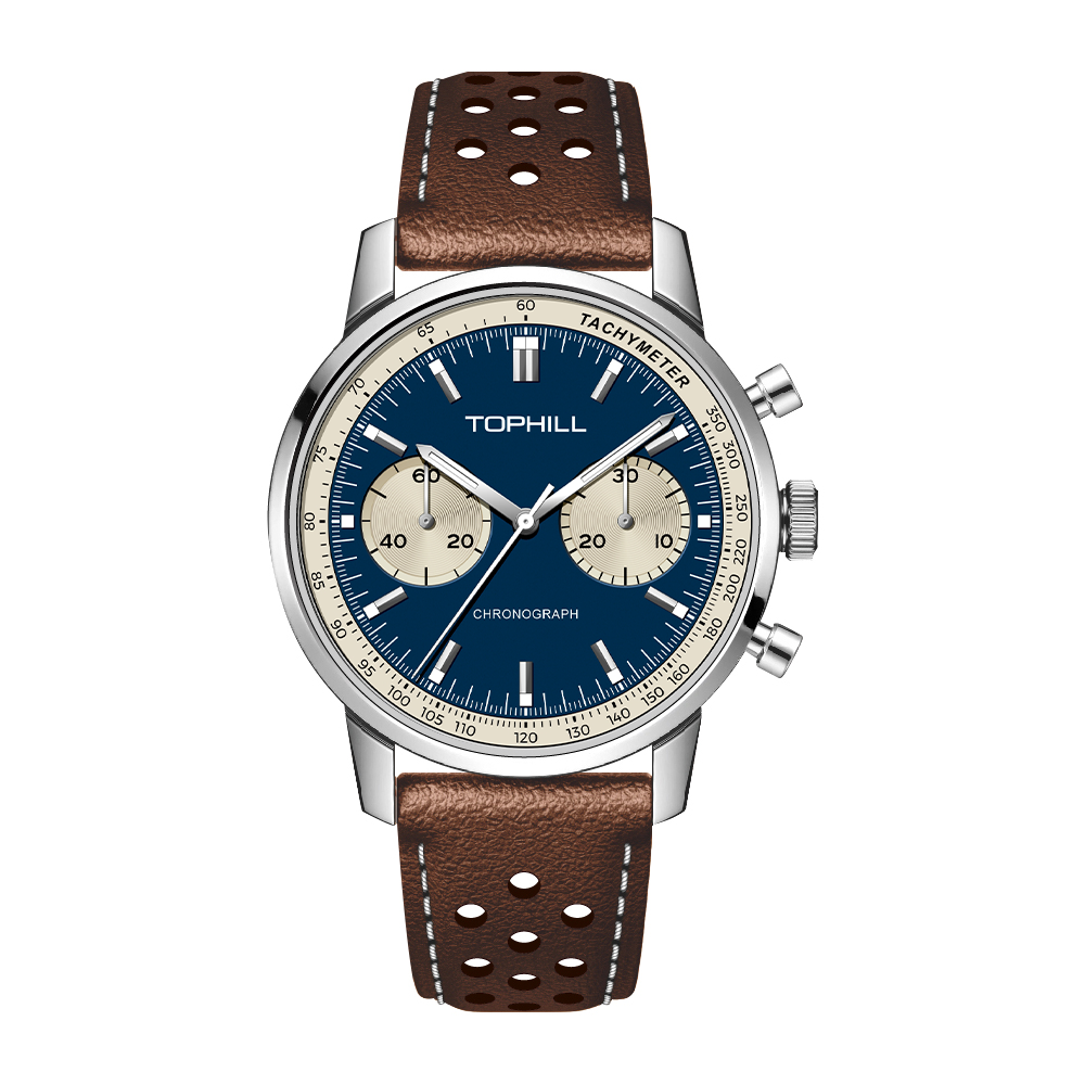 TOPHILL Seagull 1963 Chronograph Watch for Men|ST1901 Hand-Winding Mechanical Movement|40mm Vintage Racing Watch|Sapphire Crystal|316L Stainless Steel Case|5ATM Waterproof|Genuine Leather Strap with Milanese Band tophillwatch.com