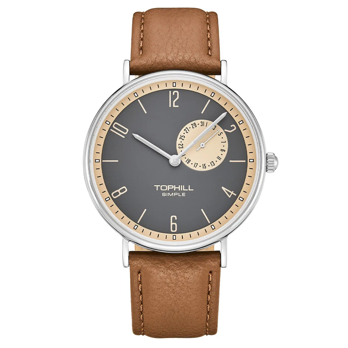 TOPHILL SIMPLE Men's Classic Analog Watch - 40mm Steel Case, Sapphire Glass, Leather Band, Multi-Level Dial with Date Display, 3ATM Water Resistant, Minimalist Business Watch for Men