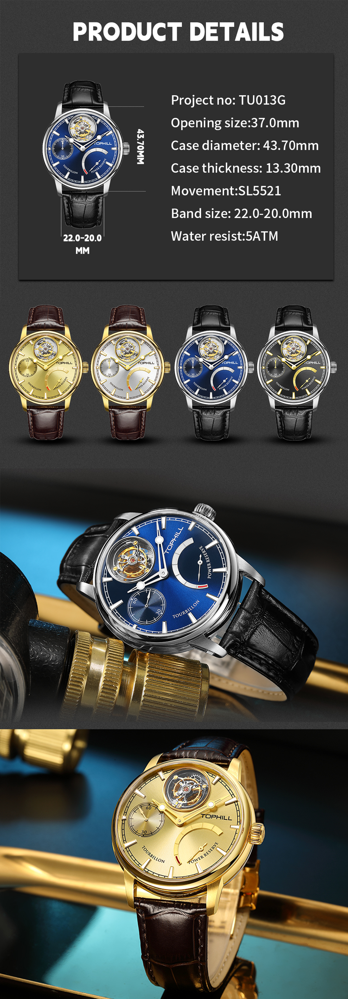 TOPHILL Herren Tourbillon Automatikuhr 43,7 mm Saphirglas Lederarmband 5ATM Wasserdicht Gangreserveanzeige Luxus-Dresswatch TU013G