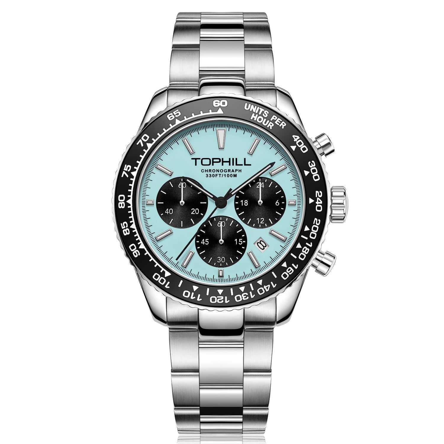 TOPHILL Men's Racing Chronograph Watch - 42mm 304L Steel, Imported Quartz Movement, Sapphire Glass, Tachymeter Scale, 100M Water Resistant, Stainless Steel Band tophillwatch.com