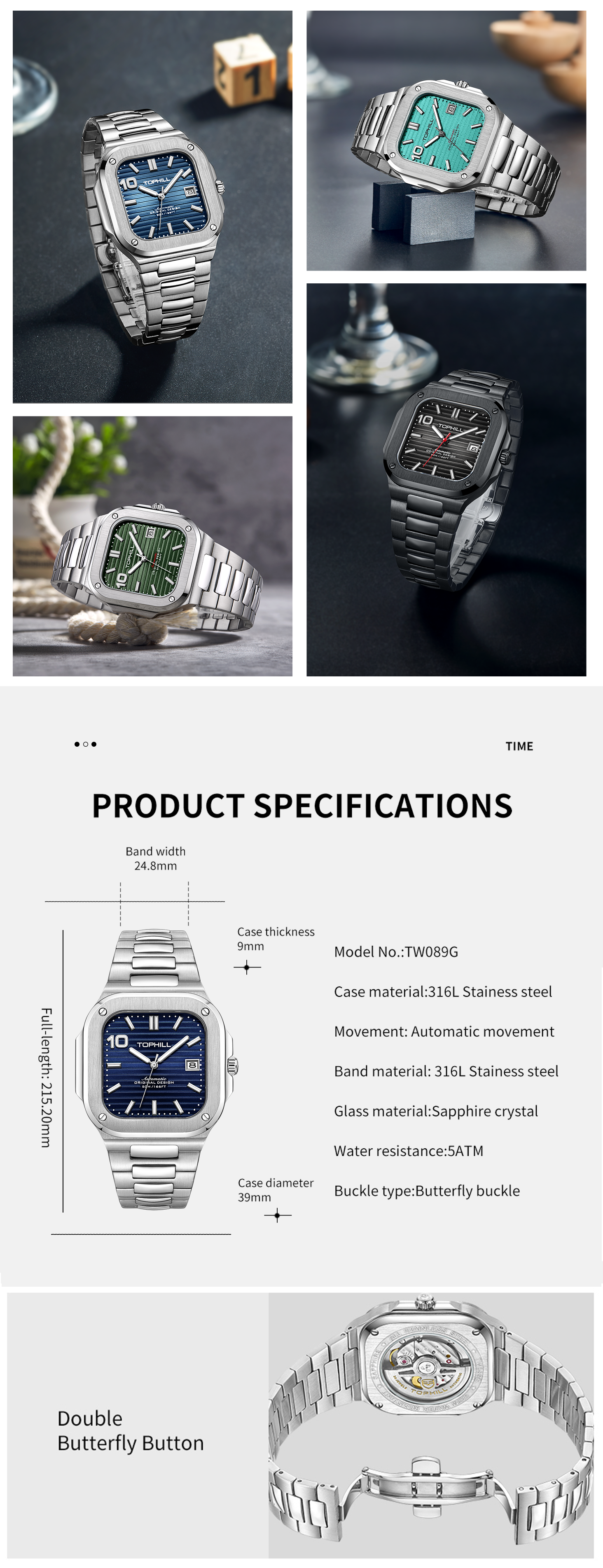 TOPHILL Men's Square Automatic Watch - 39mm 316L Steel Case & Bracelet, Date Window, Sapphire Glass, 5ATM Water Resistant, Butterfly Clasp, TW089G